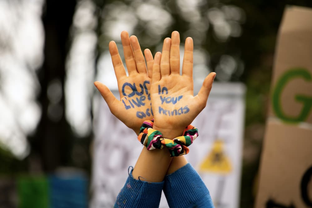 Erhobene Handinnenflächen mit dem aufgeschriebenen Text "Our Lives are in Your Hands"